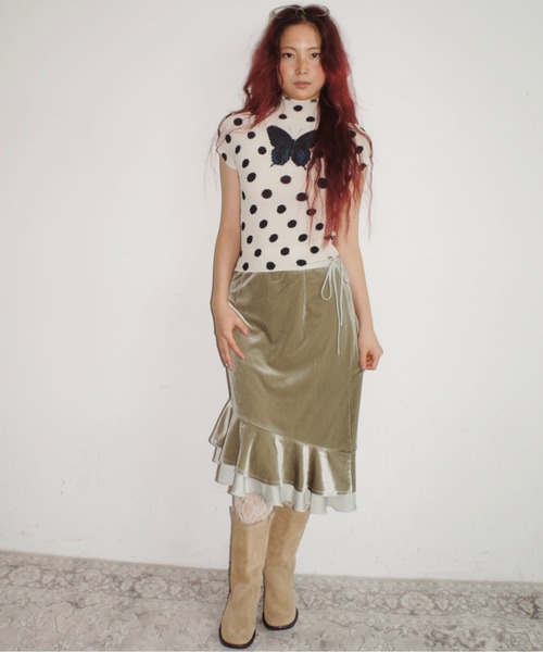 musubore(ムスボレ)の「frill velours midi skirt / ベロアフリルミディスカート(スカート・レディース・パープル/グリーン・1/0)」の6枚目の写真