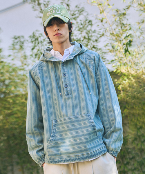 STRIPE HOOD SHIRT [MIX] — рубашка‑худи в полоску, микс тканей