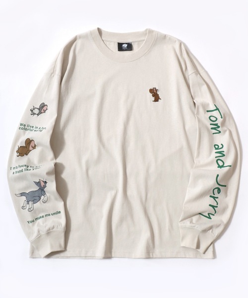 Tom&Jerry(トムアンドジェリー)の「2026AW Tom and Jerry/トムとジェリー オーバーサイズ ワンポイント刺繍 袖プリント 長袖Tシャツ ロンT レディース メンズ(Tシャツ/カットソー・レディース・スミクロ/ブラック系その他/グレイッシュベージュ/アイボリー・LL/L/M)」の1枚目の写真