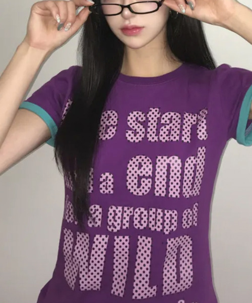 VIVID LADY(ビビッドレディー)の「ドットロゴプリント ロールアップ半袖Tシャツ(Tシャツ/カットソー・レディース・ブラック/ミント/ホワイト/イエロー/パープル・FREE)」の1枚目の写真