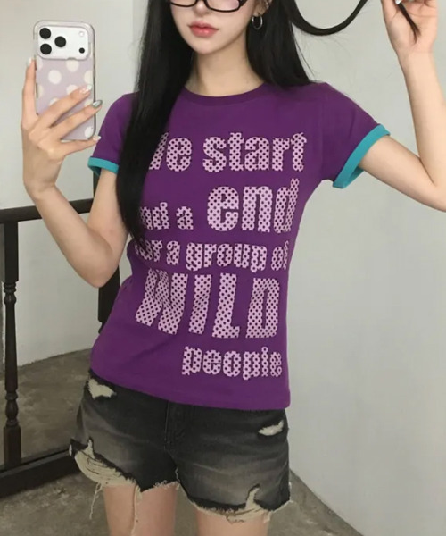 VIVID LADY(ビビッドレディー)の「ドットロゴプリント ロールアップ半袖Tシャツ(Tシャツ/カットソー・レディース・ブラック/ミント/ホワイト/イエロー/パープル・FREE)」の11枚目の写真
