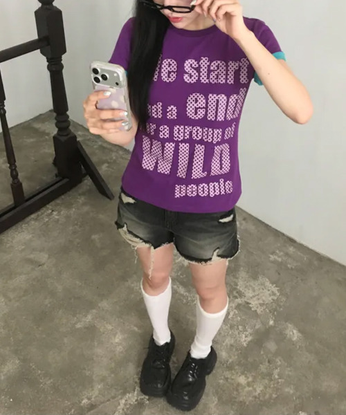 VIVID LADY(ビビッドレディー)の「ドットロゴプリント ロールアップ半袖Tシャツ(Tシャツ/カットソー・レディース・ブラック/ミント/ホワイト/イエロー/パープル・FREE)」の13枚目の写真