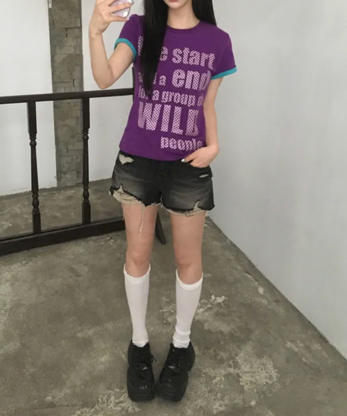 VIVID LADY(ビビッドレディー)の「ドットロゴプリント ロールアップ半袖Tシャツ(Tシャツ/カットソー・レディース・ブラック/ミント/ホワイト/イエロー/パープル・FREE)」の14枚目の写真