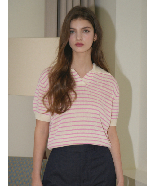 VLETI（ブレッティ）の「Stripe Collar Half Knit (Pink)（ニット/セーター・レディース・ピンク・FREE）」の2枚目の写真