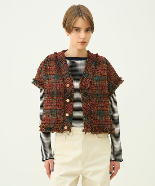 MACPHEE(マカフィー)の「ジャカード フレンチスリーブジャケット(ノーカラージャケット・レディース・レッド系その他2・36)」の3枚目の写真