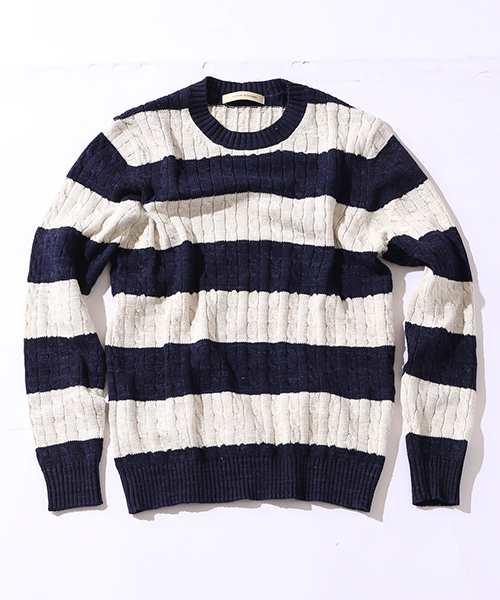 JOURNAL STANDARD（ジャーナルスタンダード）の「スラブコットンケーブルボーダークルーネックニット#（ニット/セーター・メンズ・アイボリー/グレー/ネイビー/ダークブルー・LARGE/MEDIUM）」の4枚目の写真