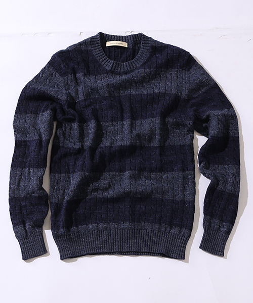 JOURNAL STANDARD（ジャーナルスタンダード）の「スラブコットンケーブルボーダークルーネックニット#（ニット/セーター・メンズ・アイボリー/グレー/ネイビー/ダークブルー・LARGE/MEDIUM）」の3枚目の写真