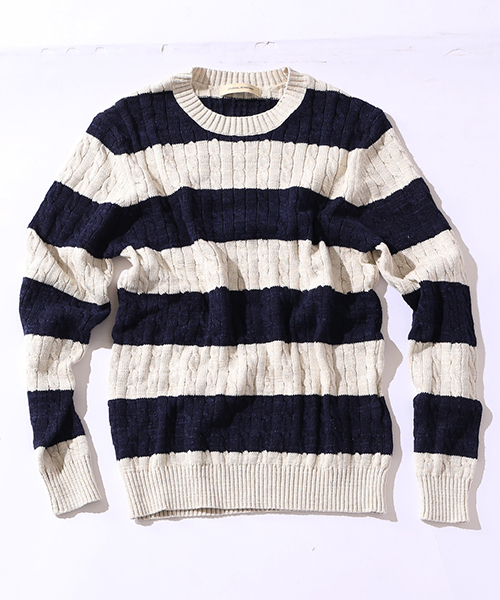 JOURNAL STANDARD（ジャーナルスタンダード）の「スラブコットンケーブルボーダークルーネックニット#（ニット/セーター・メンズ・アイボリー/グレー/ネイビー/ダークブルー・LARGE/MEDIUM）」の2枚目の写真