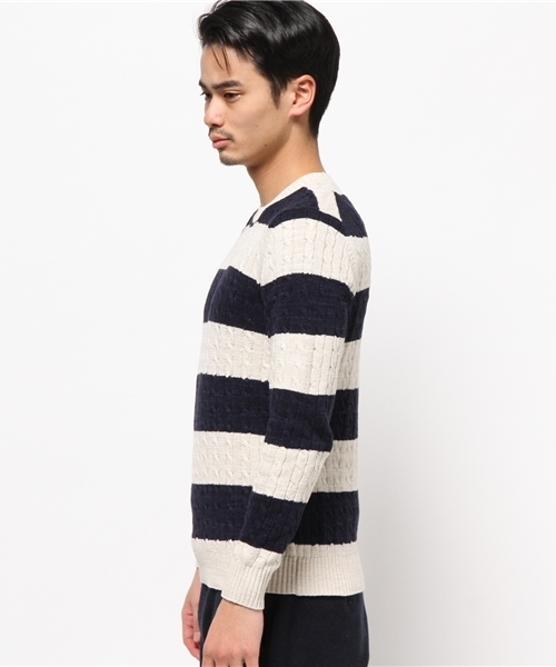 JOURNAL STANDARD（ジャーナルスタンダード）の「スラブコットンケーブルボーダークルーネックニット#（ニット/セーター・メンズ・アイボリー/グレー/ネイビー/ダークブルー・LARGE/MEDIUM）」の5枚目の写真
