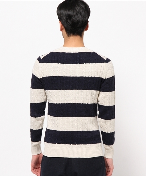 JOURNAL STANDARD（ジャーナルスタンダード）の「スラブコットンケーブルボーダークルーネックニット#（ニット/セーター・メンズ・アイボリー/グレー/ネイビー/ダークブルー・LARGE/MEDIUM）」の6枚目の写真