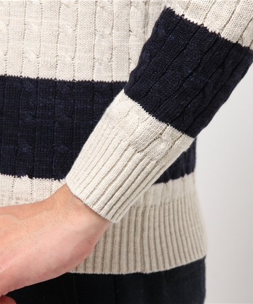JOURNAL STANDARD（ジャーナルスタンダード）の「スラブコットンケーブルボーダークルーネックニット#（ニット/セーター・メンズ・アイボリー/グレー/ネイビー/ダークブルー・LARGE/MEDIUM）」の8枚目の写真
