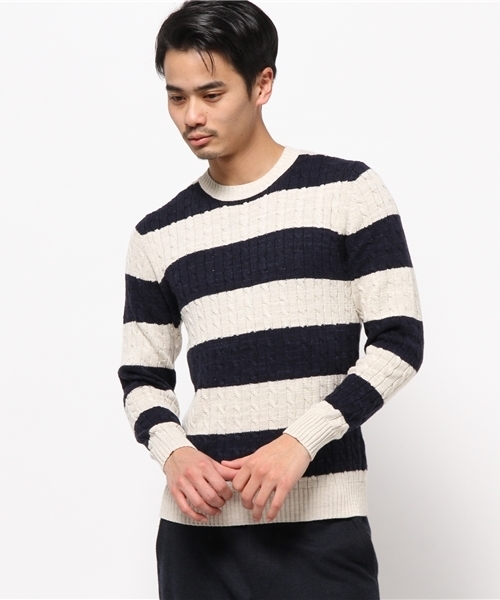 JOURNAL STANDARD（ジャーナルスタンダード）の「スラブコットンケーブルボーダークルーネックニット#（ニット/セーター・メンズ・アイボリー/グレー/ネイビー/ダークブルー・LARGE/MEDIUM）」の12枚目の写真