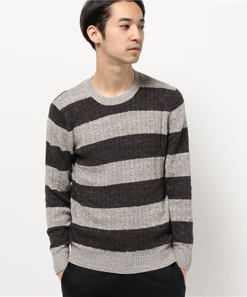 JOURNAL STANDARD（ジャーナルスタンダード）の「スラブコットンケーブルボーダークルーネックニット#（ニット/セーター・メンズ・アイボリー/グレー/ネイビー/ダークブルー・LARGE/MEDIUM）」の13枚目の写真