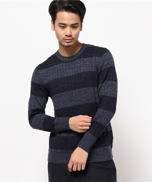 JOURNAL STANDARD（ジャーナルスタンダード）の「スラブコットンケーブルボーダークルーネックニット#（ニット/セーター・メンズ・アイボリー/グレー/ネイビー/ダークブルー・LARGE/MEDIUM）」の14枚目の写真