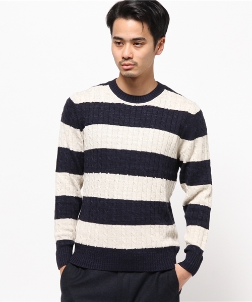 JOURNAL STANDARD（ジャーナルスタンダード）の「スラブコットンケーブルボーダークルーネックニット#（ニット/セーター・メンズ・アイボリー/グレー/ネイビー/ダークブルー・LARGE/MEDIUM）」の15枚目の写真