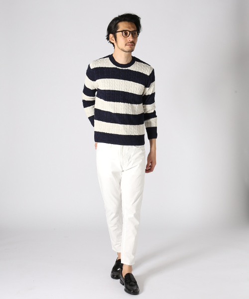 JOURNAL STANDARD（ジャーナルスタンダード）の「スラブコットンケーブルボーダークルーネックニット#（ニット/セーター・メンズ・アイボリー/グレー/ネイビー/ダークブルー・LARGE/MEDIUM）」の16枚目の写真