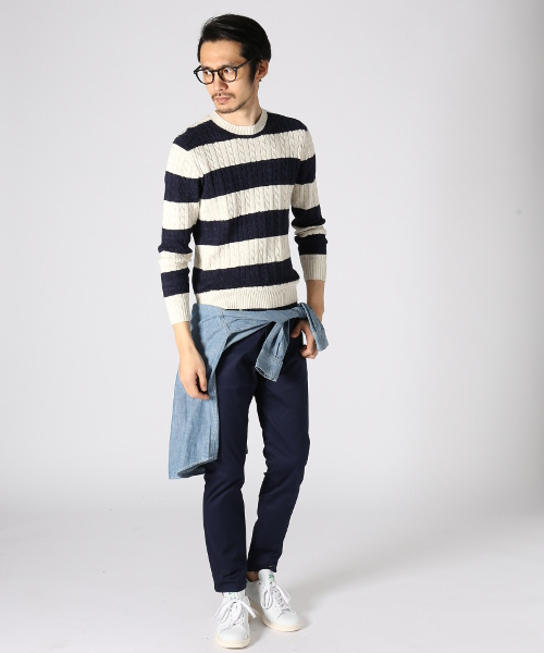 JOURNAL STANDARD（ジャーナルスタンダード）の「スラブコットンケーブルボーダークルーネックニット#（ニット/セーター・メンズ・アイボリー/グレー/ネイビー/ダークブルー・LARGE/MEDIUM）」の17枚目の写真