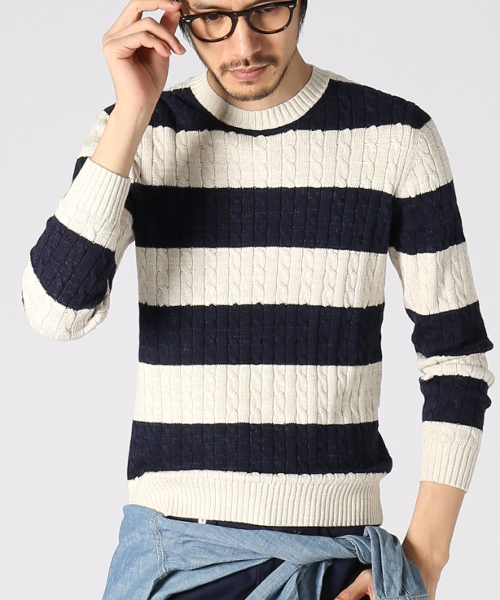 JOURNAL STANDARD（ジャーナルスタンダード）の「スラブコットンケーブルボーダークルーネックニット#（ニット/セーター・メンズ・アイボリー/グレー/ネイビー/ダークブルー・LARGE/MEDIUM）」の20枚目の写真