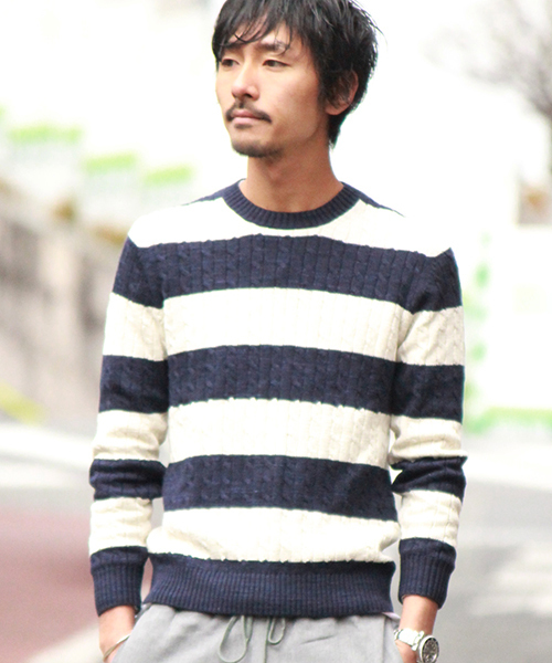 JOURNAL STANDARD（ジャーナルスタンダード）の「スラブコットンケーブルボーダークルーネックニット#（ニット/セーター・メンズ・アイボリー/グレー/ネイビー/ダークブルー・LARGE/MEDIUM）」の18枚目の写真