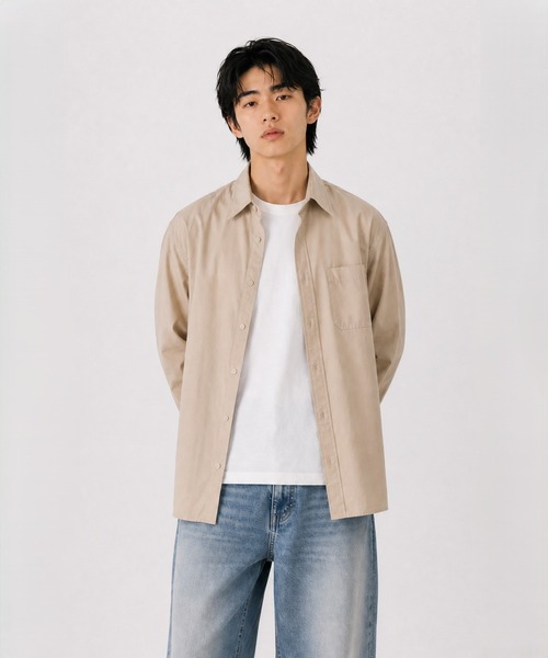 FILLIP J(フィリップジェー)の「セミオーバーサイズシャツ(Tシャツ/カットソー・メンズ・グレイッシュベージュ/ネイビー/ピンク/ブルー系その他/ダークブルー/ブルー/モカ/レッド系/ネイビー系/スカイブルー系/ダークブラウン/ベージュ/ホワイト/ブラック系1/ブラック系/ネイビー×ホワイト/ライトベージュ/ダークネイビー/ダークベージュ/チャコール/レンガ/グレイッシュブルー・LARGE/MEDIUM/X-LARGE)」の7枚目の写真