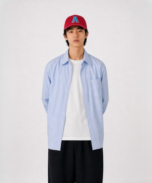FILLIP J(フィリップジェー)の「セミオーバーサイズシャツ(Tシャツ/カットソー・メンズ・グレイッシュベージュ/ネイビー/ピンク/ブルー系その他/ダークブルー/ブルー/モカ/レッド系/ネイビー系/スカイブルー系/ダークブラウン/ベージュ/ホワイト/ブラック系1/ブラック系/ネイビー×ホワイト/ライトベージュ/ダークネイビー/ダークベージュ/チャコール/レンガ/グレイッシュブルー・LARGE/MEDIUM/X-LARGE)」の12枚目の写真