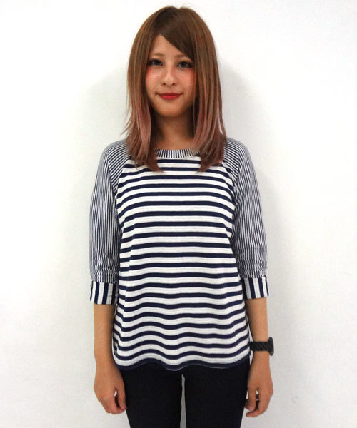 CIAOPANIC（チャオパニック）の「【Ciaopanic】接結ボーダー切替7分T（Tシャツ/カットソー・レディース・グレー/ネイビー・FREE）」の2枚目の写真