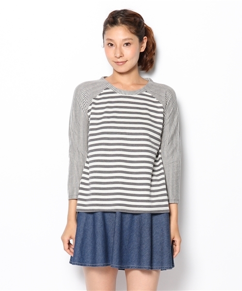 CIAOPANIC（チャオパニック）の「【Ciaopanic】接結ボーダー切替7分T（Tシャツ/カットソー・レディース・グレー/ネイビー・FREE）」の3枚目の写真