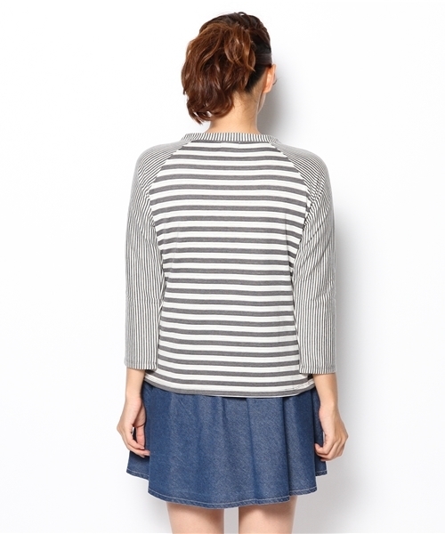 CIAOPANIC（チャオパニック）の「【Ciaopanic】接結ボーダー切替7分T（Tシャツ/カットソー・レディース・グレー/ネイビー・FREE）」の4枚目の写真