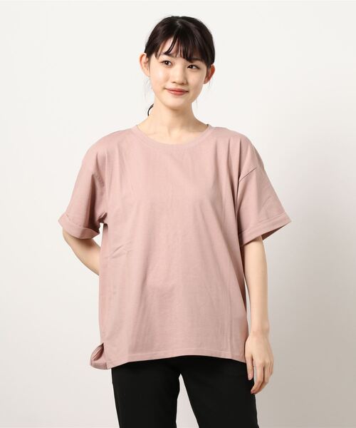 JEANS MATE(ジーンズメイト)の「袖ロールカフサイドスリットTシャツ 汗染み防止加工素材 ビッグシルエット/オーバーサイズ(Tシャツ/カットソー・レディース・ホワイト/ブラック/ネイビー/ブラウン/カーキ/サックスブルー/ブルー/ライトグリーン/ピンク系その他/ライトベージュ・MEDIUM/LARGE)」の10枚目の写真