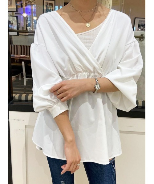 one way(ワンウェイ)の「【oneway】カシュクール5分袖ブラウス(シャツ/ブラウス・レディース・オフホワイト/ブラック/ダークグリーン・FREE)」の2枚目の写真