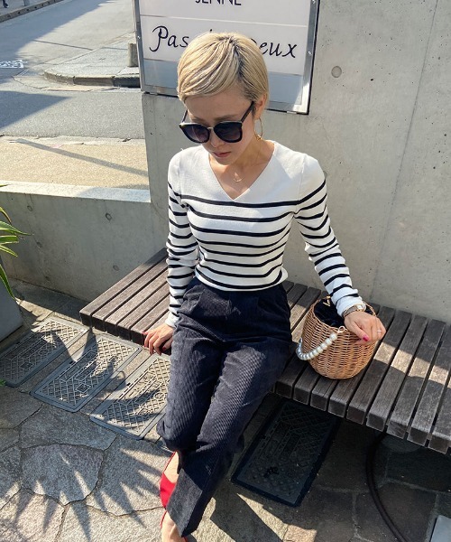 オーガニックコットン JENNE Vネックボーダーニット（ニット
