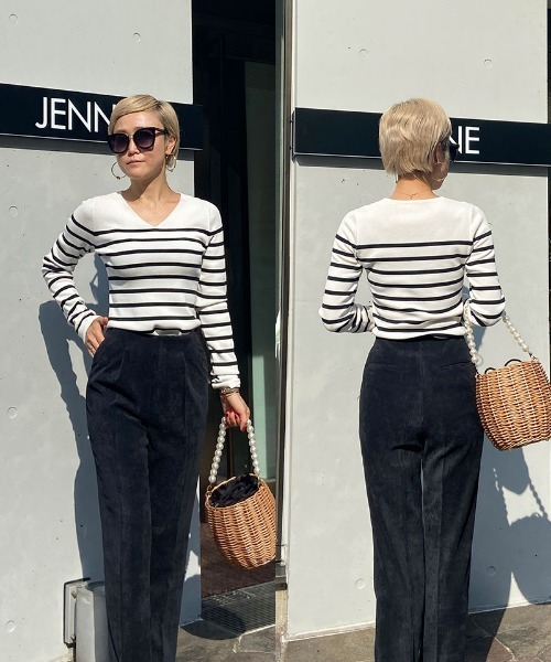 美品♡ジェンヌ オーガニックコットン Vネックボーダーニット ブラック M オーガニックコットン JENNE Vネックボーダーニット（ニット/セーター
