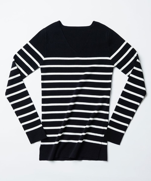 美品♡ジェンヌ オーガニックコットン Vネックボーダーニット ブラック M オーガニックコットン JENNE Vネックボーダーニット（ニット