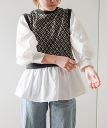 幾何学ドッキングボリューム袖シャツ　フェイクレイヤード/時短アイテム/