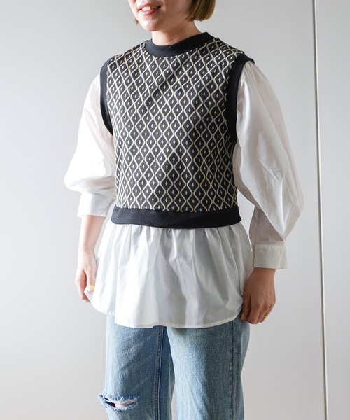 VENCEEXCHANGE（ヴァンスエクスチェンジ）の「幾何学ドッキングボリューム袖シャツ　フェイクレイヤード/時短アイテム/（シャツ/ブラウス・レディース・ブラック/ベージュ・M）」の12枚目の写真