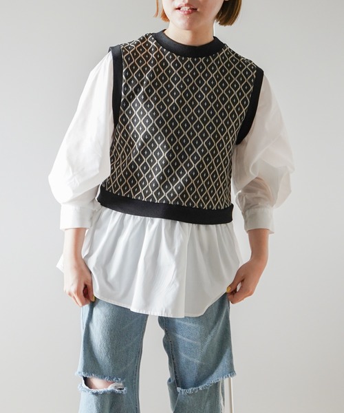 VENCEEXCHANGE（ヴァンスエクスチェンジ）の「幾何学ドッキングボリューム袖シャツ　フェイクレイヤード/時短アイテム/（シャツ/ブラウス・レディース・ブラック/ベージュ・M）」の13枚目の写真