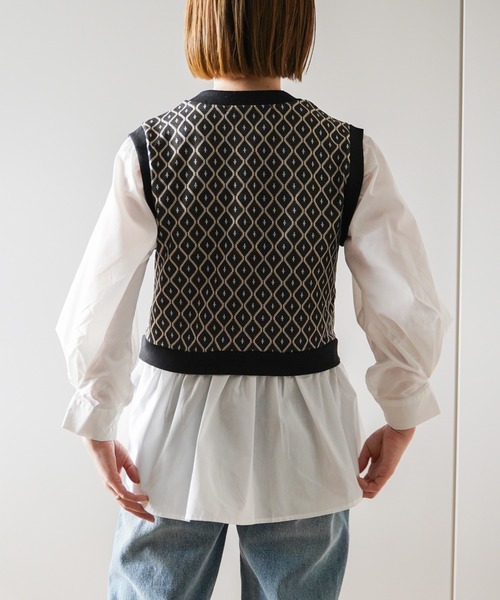 VENCEEXCHANGE（ヴァンスエクスチェンジ）の「幾何学ドッキングボリューム袖シャツ　フェイクレイヤード/時短アイテム/（シャツ/ブラウス・レディース・ブラック/ベージュ・M）」の16枚目の写真