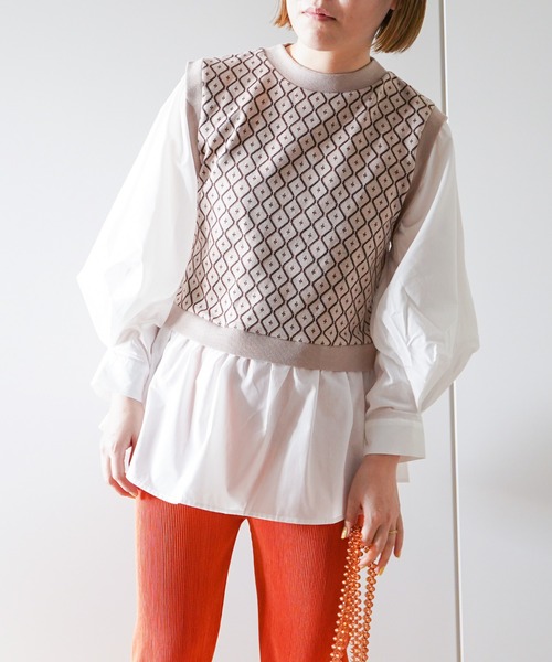 VENCEEXCHANGE（ヴァンスエクスチェンジ）の「幾何学ドッキングボリューム袖シャツ　フェイクレイヤード/時短アイテム/（シャツ/ブラウス・レディース・ブラック/ベージュ・M）」の18枚目の写真