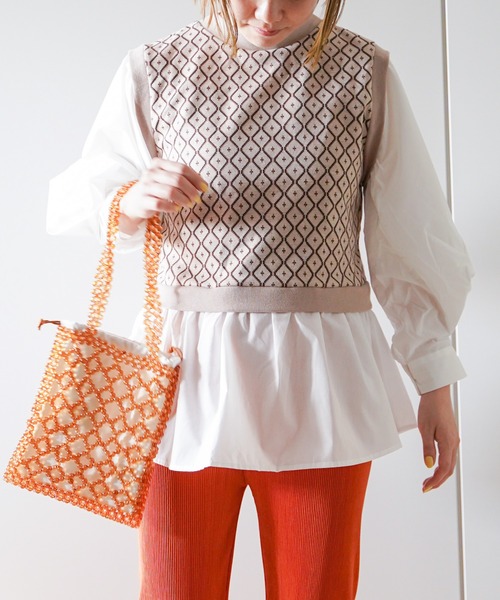 VENCEEXCHANGE（ヴァンスエクスチェンジ）の「幾何学ドッキングボリューム袖シャツ　フェイクレイヤード/時短アイテム/（シャツ/ブラウス・レディース・ブラック/ベージュ・M）」の19枚目の写真