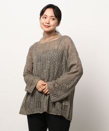 モヘアタッチ透かし編み柄ニット × シアーインナー Set Up