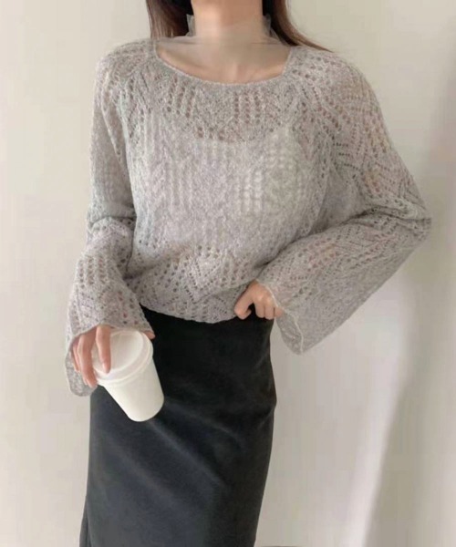 FRP（エフアールピー）の「モヘアタッチ透かし編み柄ニット ×  シアーインナー  Set Up（ニット/セーター・レディース・グレー/モカ/ライトグレー・FREE）」の2枚目の写真