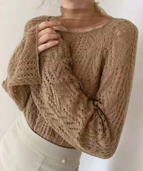 FRP（エフアールピー）の「モヘアタッチ透かし編み柄ニット ×  シアーインナー  Set Up（ニット/セーター・レディース・グレー/モカ/ライトグレー・FREE）」の3枚目の写真