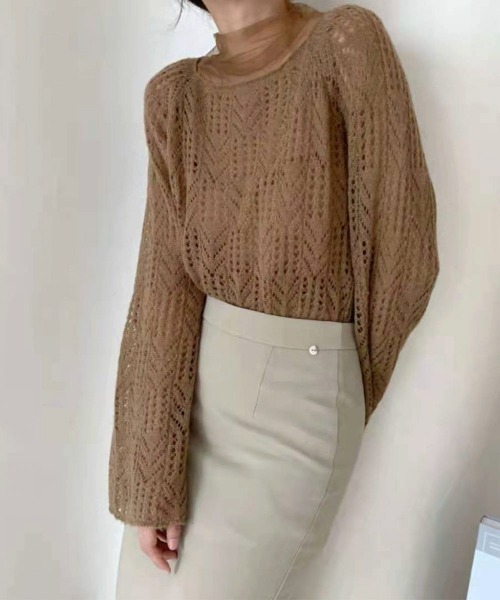 FRP（エフアールピー）の「モヘアタッチ透かし編み柄ニット ×  シアーインナー  Set Up（ニット/セーター・レディース・グレー/モカ/ライトグレー・FREE）」の18枚目の写真