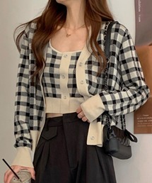 DAY CLOSET | レディース シェパードチェック柄ショートカーディガン+タンクトップのニットアンサンブル 2点セット(アンサンブル)