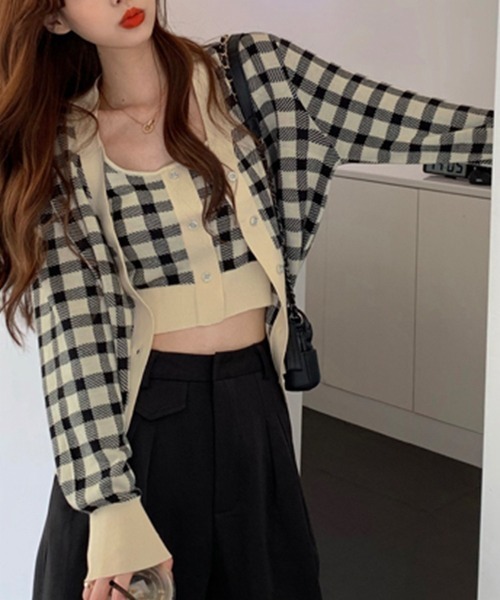 DAY CLOSET(デイ クローゼット)の「レディース シェパードチェック柄ショートカーディガン+タンクトップのニットアンサンブル 2点セット(アンサンブル・レディース・ピンク/ブラック・ONE SIZE)」の7枚目の写真