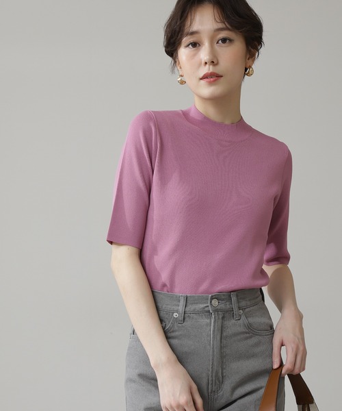 N.（N. Natural Beauty Basic）（エヌエヌナチュラルビューティーベーシック）の「◆総針ボトルネック五分袖ニット（ニット/セーター・レディース・ブラック/チャコールグレー/クリーム/ライトグリーン/ブルー/パープル・MEDIUM）」の6枚目の写真