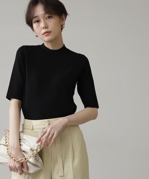 N.（N. Natural Beauty Basic）（エヌエヌナチュラルビューティーベーシック）の「◆総針ボトルネック五分袖ニット（ニット/セーター・レディース・ブラック/チャコールグレー/クリーム/ライトグリーン/ブルー/パープル・MEDIUM）」の2枚目の写真