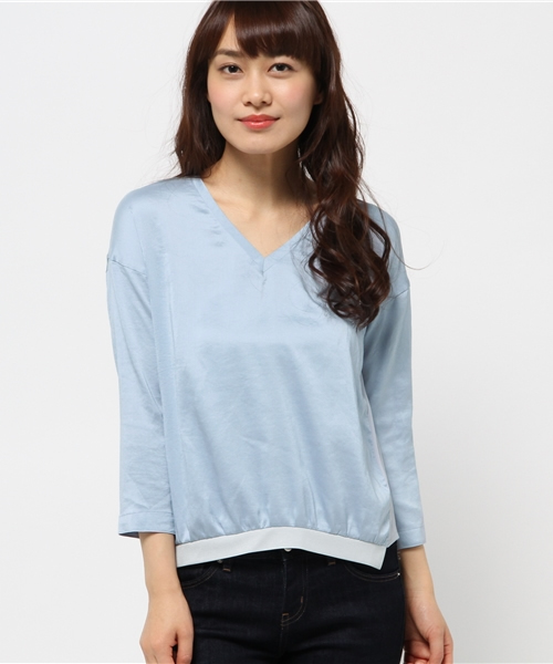 OUTLET（アウトレット）の「【DouDou】リブサテンTOPS（シャツ/ブラウス・レディース・アイボリー/サックスブルー・FREE）」の2枚目の写真