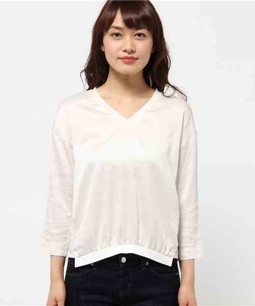 OUTLET（アウトレット）の「【DouDou】リブサテンTOPS（シャツ/ブラウス・レディース・アイボリー/サックスブルー・FREE）」の3枚目の写真