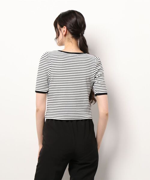 ems excite(エムズエキサイト)の「5分袖テレコカットソー(Tシャツ/カットソー・レディース・アイボリー/オフホワイト/ブラック系その他/ブラック・FREE)」の6枚目の写真